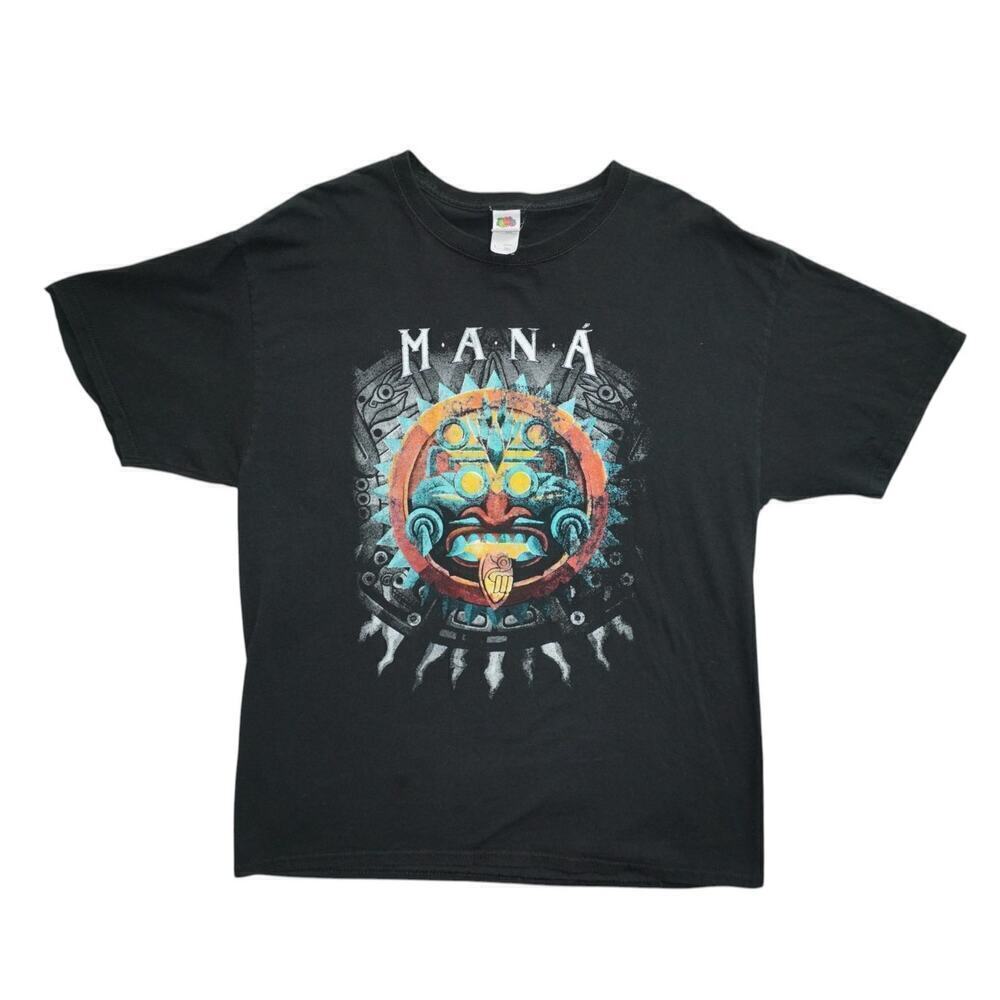 Maná Band T-Shirt Aztec Sun Stone Graphic Tour Tee Black Size L